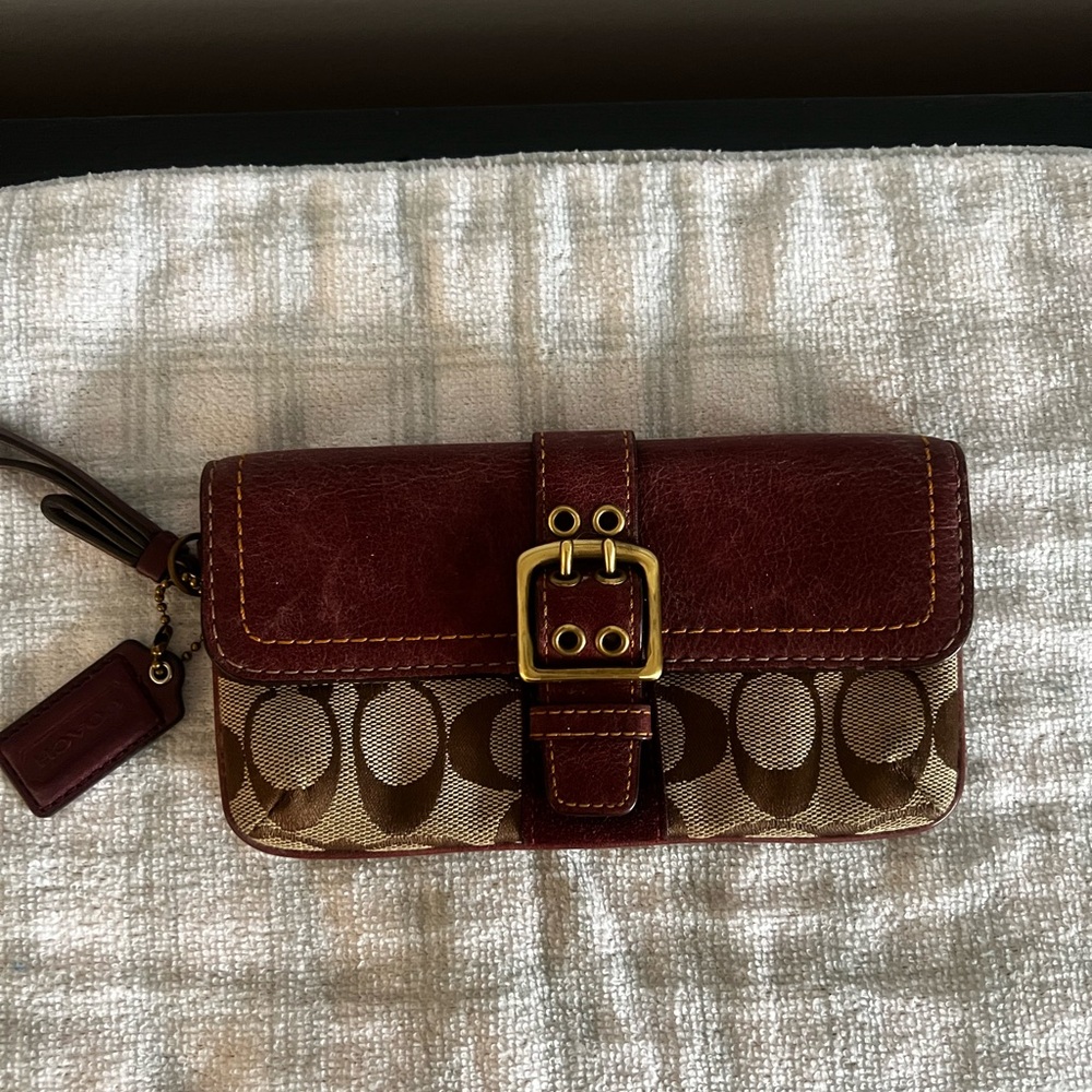 Coach Signature Canvas Wristlet with Burgundy/Dark Brown Leather Trim